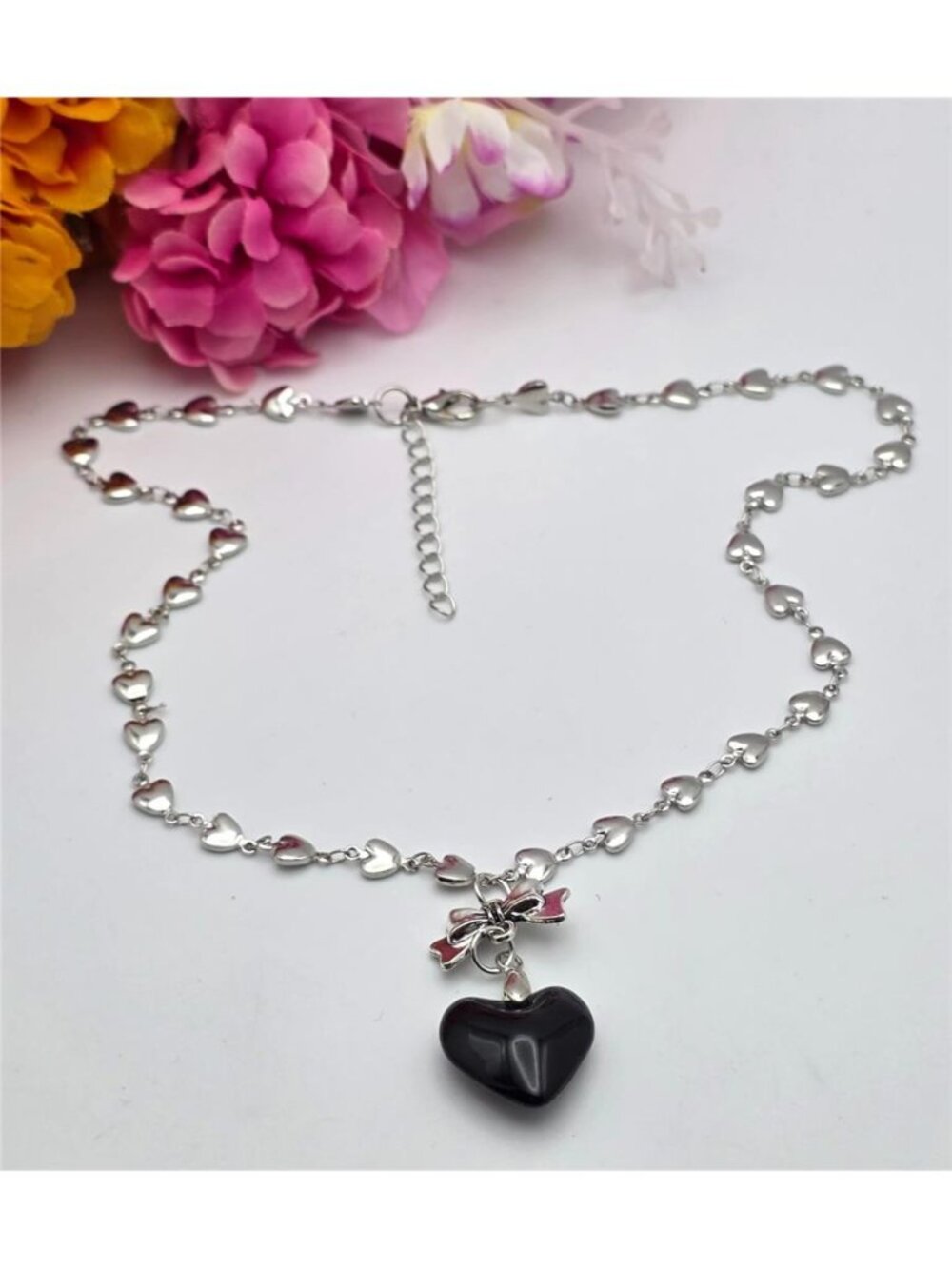 Black Heart Pendant Necklace Silver Tone Bow Dainty Coquette Gothic 16"